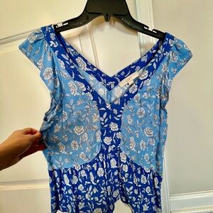 LOFT Blue and White Floral Flutter Blouse